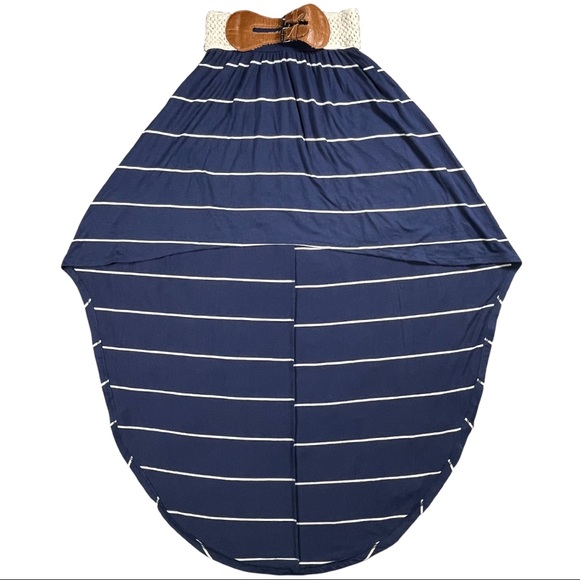 Rue 21 size small navy blue & white striped high/low skirt, elastic belted waist - Picture 2 of 8